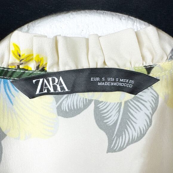 Zara‎ Floral Tie Neck Tunic Blouse Womens Small Ivory Tropical Print - Picture 4 of 4